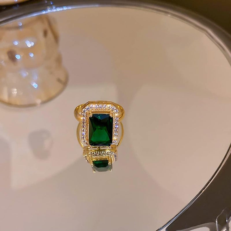 OIDIMS Green Gemstone Statement Ring Women's Classical Engagement Crystal Wedding Party Open Rings Cubic Zirconia Adjustable Finger Gold-Tone Plated for Women Mom Valentine's Day Anniversary Jewelry Gift - Image 4